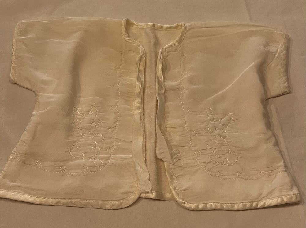 Vintage Baby Satin Kimono Jacket Embroidered Bunny Tie Front Handmade Ivory